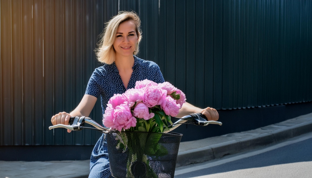 pfingstrosen bouquet frankfurt Lächelnde Frau auf einem Fahrrad mit einem Korb voller blühender rosa Pfingstrosen vor einer dunklen, wellenförmigen Wand an einem sonnigen Tag.