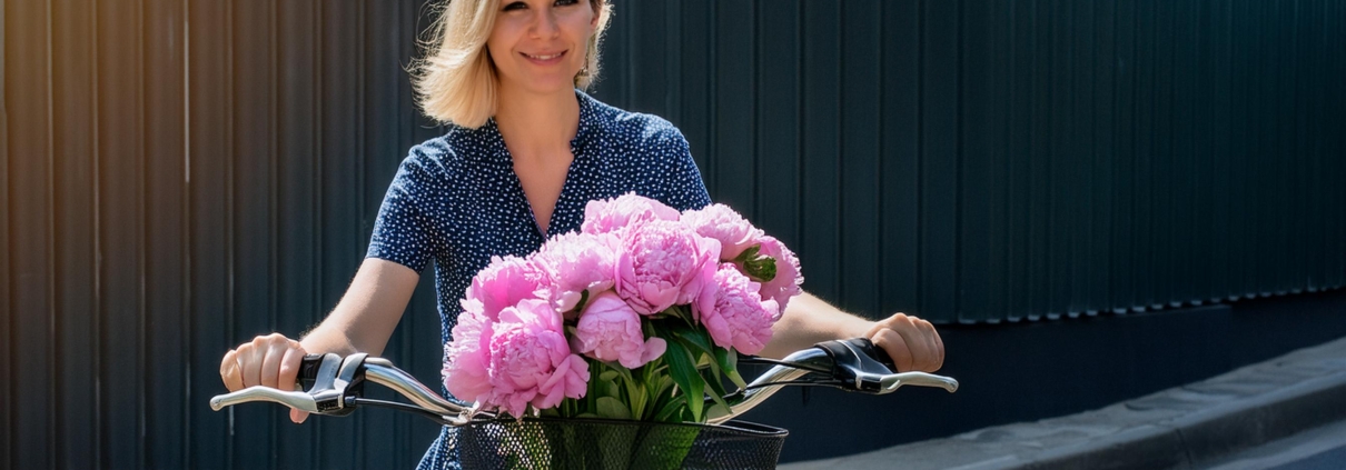 Lächelnde Frau auf einem Fahrrad mit einem Korb voller blühender rosa Pfingstrosen vor einer dunklen, wellenförmigen Wand an einem sonnigen Tag.