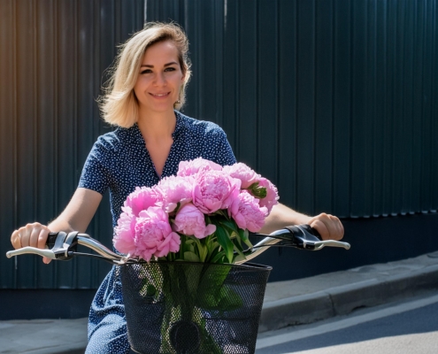 Lächelnde Frau auf einem Fahrrad mit einem Korb voller blühender rosa Pfingstrosen vor einer dunklen, wellenförmigen Wand an einem sonnigen Tag.